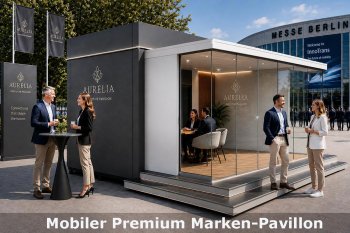 Mobiler Premium Marken-Pavillon mit großen Branding-Flächen und verglastem Besprechungsraum für Messen.